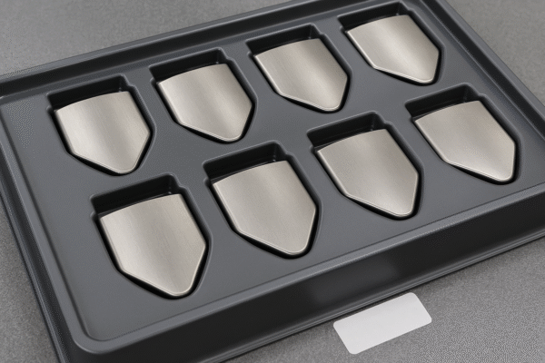 Finished stainless steel shield components nested in a custom thermoformed tray with batch/traceability label, clean surfaces without scratches.