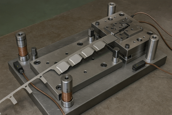 Progressive die assembly on a workbench in a toolroom, showing carbide inserts and sensors clearly during setup.