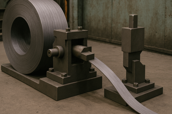 A hot-rolled steel coil on a decoiling machine with cutting and recoiling units, operating on an industrial workshop floor.