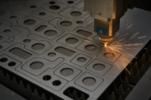 Fiber laser cutting 3 mm mild steel sheet with tightly nested part outlines, producing bright sparks during precise cutting.