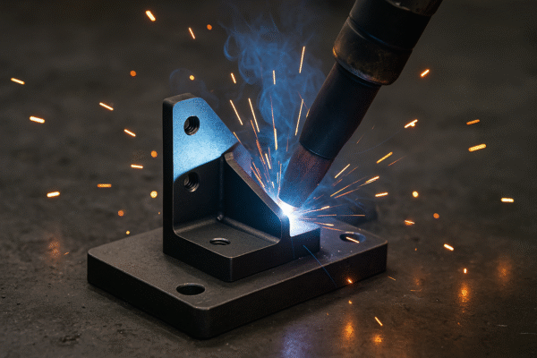 Robotic MIG welding a steel bracket in a hardened fixture, with precise threaded holes ensuring repeatable geometry and reduced rework.