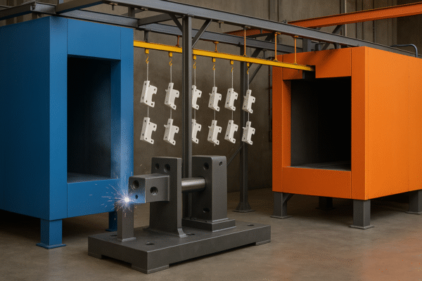Powder coating line showing a pretreatment spray tunnel, overhead conveyor with hanging metal brackets, and a curing oven in an industrial workshop.