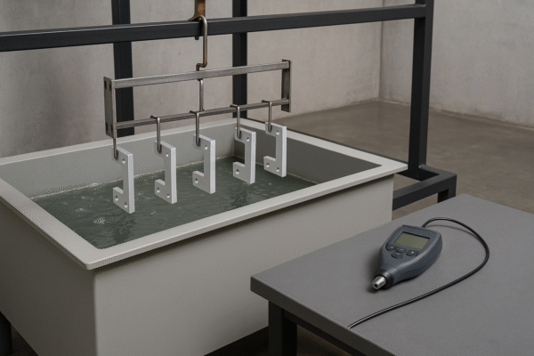 Type II anodizing line with a single sulfuric acid tank, steel rack holding custom metal parts, and thickness measurement equipment for ISO 7599 compliance.