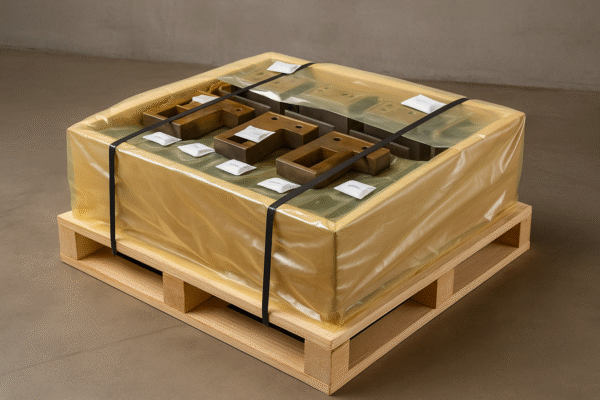 Custom metal parts export packaging on a wooden pallet, secured with black straps, wrapped in yellow VCI film with desiccant bags placed inside, prepared for container loading.
