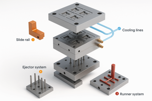Exploded view of a multi-cavity die casting mold assembly, showing the core and cavity blocks, slide rail, cooling lines, ejector system, and runner system. The image is in 3:2 ratio, with clean white background and no text or people.