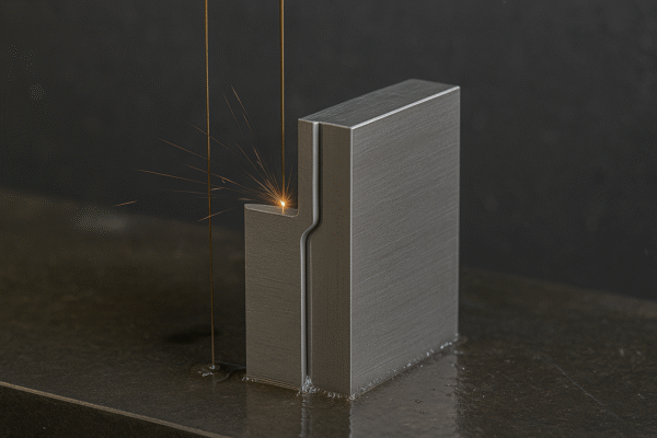 High-resolution image of a wire EDM machine cutting a hardened H1G steel insert, creating a sharp internal corner along a thin rib feature. The glowing sparks from the wire highlight the precision process. Image ratio 3:2, clean industrial setup, no text or people.