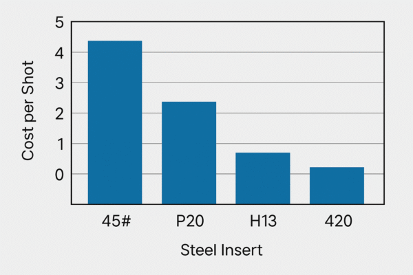 High-resolution bar chart comparing cost per shot of four mold insert materials (45#, P20, H13, and 420 stainless steel) under 50k IM shots. H13 shows the best performance with the lowest cost per shot, while 45# is the highest. Image ratio 3:2, clean chart design, no text or people beyond axis labels.