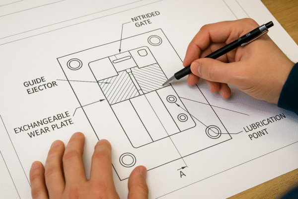 High-resolution technical drawing of a mold insert blueprint, featuring details such as a nitrided gate, exchangeable wear plate, guide ejector, and lubrication points. Image ratio 3:2, clean blueprint layout, no text or people.