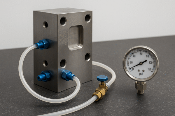 High-resolution image of a Z-type mold cooling operation setup. A rectangular mold core with drilled baffles is connected to transparent coolant tubes, fitted with blue anodized connectors. A brass valve links to a pressure gauge dial, showing the circuit pressurization for bubble and leak testing. Image ratio 3:2, clean laboratory environment, no people or text.