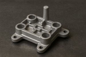 High-resolution image of a freshly cast aluminum component placed on a dark industrial surface. The part features cavities, ribs, and mounting holes with a matte silver-grey casting texture. Image ratio 3:2, no text or people.