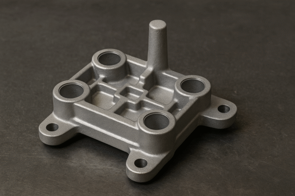 High-resolution image of a freshly cast aluminum component placed on a dark industrial surface. The part features cavities, ribs, and mounting holes with a matte silver-grey casting texture. Image ratio 3:2, no text or people.