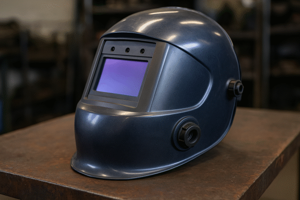 High-definition image of a welding helmet for custom metal welding parts, featuring helmet shell, auto-darkening lens, sensors, and PAPR connectors, placed on a workshop metal surface in a production environment.