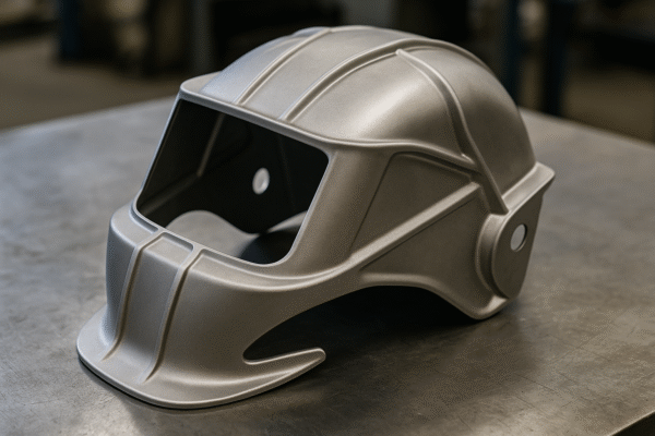 High-definition close-up of a custom metal welding helmet shell with geometric design, airflow reinforcement ribs, side wing flanges for spatter deflection, and a crown gap for comfort. Placed on a workshop metal surface.