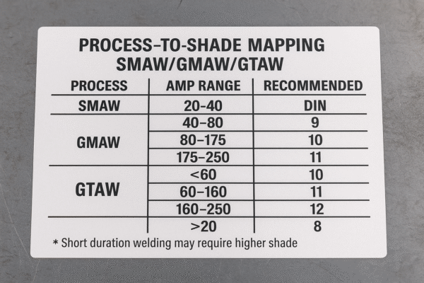 High-definition image of welding process-to-shade mapping chart showing SMAW, GMAW, and GTAW processes with amp ranges and recommended DIN shade numbers.