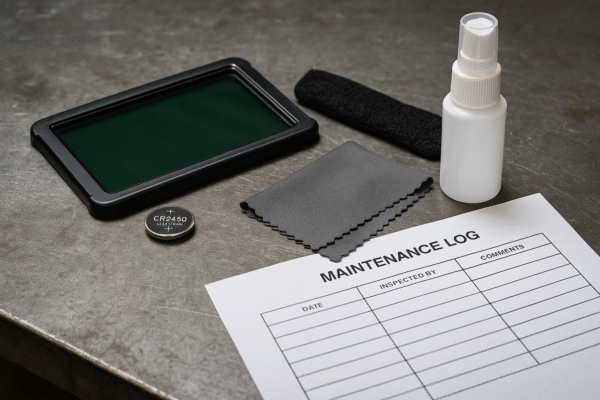 High-definition close-up of a welding helmet maintenance kit including front cover, CR2450 battery, sweatband, microfiber cloth, neutral pH cleaning solution, and inspection log, placed on a metal workbench.