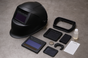 High-definition feature image of custom metal welding parts including helmet and accessories arranged on a metal workbench in an industrial setting.