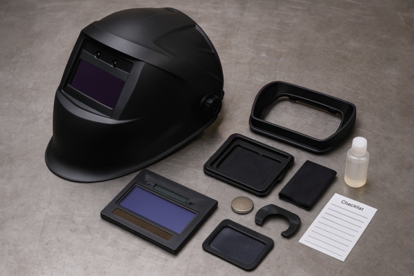High-definition feature image of custom metal welding parts including helmet and accessories arranged on a metal workbench in an industrial setting.