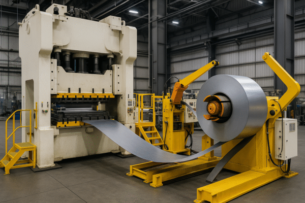 High-tonnage stamping press with coil feeding system operating in a Prime production line, inside an industrial workshop.