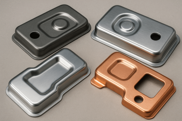 Set of stamped metal parts made of steel, stainless steel, aluminum, and copper with polished surfaces displayed on a neutral background.