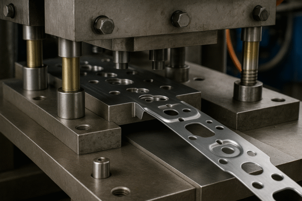 Close-up of progressive die stamping process showing a metal strip being formed through multiple stations of a stamping press.