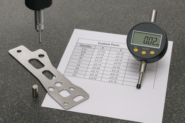 Custom metal stamping part under CMM inspection with digital gauge and tolerance report.