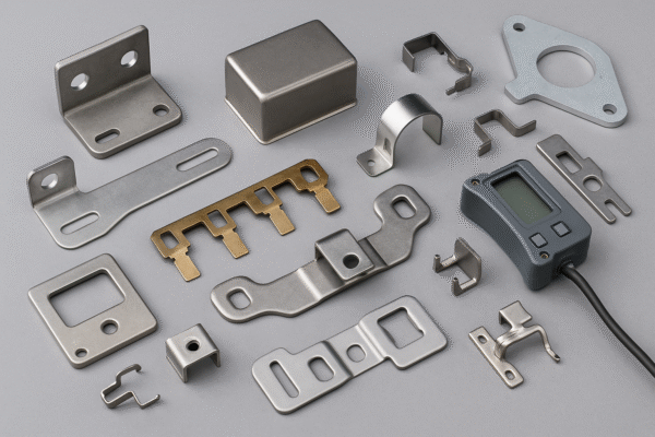 Assorted custom metal stamping parts including brackets, EMI shielding can, bus bars, and clamps arranged on a neutral background.