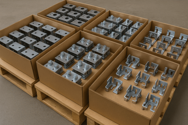 Custom metal stamping parts kits and sub-assemblies with welded brackets, fasteners, and CNC inserts packed in boxes on pallets, ready for shipment.