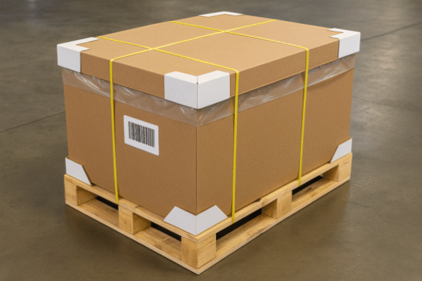 Export packaging for custom metal stamping parts with barcode, VCI lining, corner protectors, and pallet strapping.