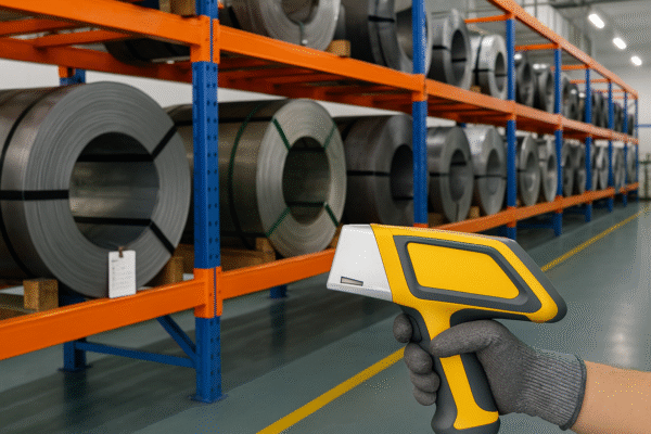 High-resolution warehouse scene with stacked metal coils on orange-and-blue racks, each coil fitted with identification tags and protective packaging. A handheld PMI (Positive Material Identification) gun is shown in the foreground, emphasizing on-site material inspection. No people or text are visible.