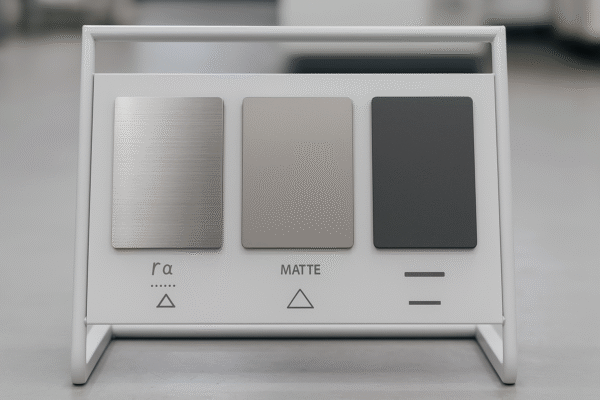 3:2 high-resolution image of a surface finishing display rack with three custom metal panels—brushed, matte, and powder-coated—each panel marked with Ra roughness and thickness indicators. No people or text are shown.