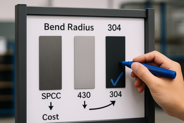 3:2 high-resolution image of a material comparison display board showing three custom metal panels labeled SPCC, 430, and 304. Each sample illustrates different bend radius and cost characteristics, with an engineering selection mark indicating preference. No people or unnecessary text are visible.