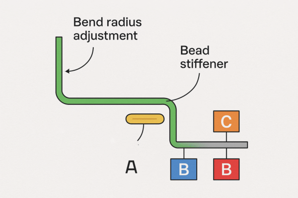 3:2 high-resolution tolerance diagram of a custom sheet metal part. Bend radius adjustment is highlighted in green, bead stiffener is highlighted in yellow, and datum references A, B, and C are shown in blue, red, and orange respectively. No people or text appear in the image.