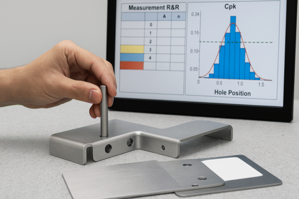 3:2 high-resolution image of a precision inspection setup for a custom metal component. A pin gauge is inserted into one of the part’s holes, with a background monitor displaying a Measurement R&R table and a Cpk chart for hole position analysis. No people or text are present in the image.