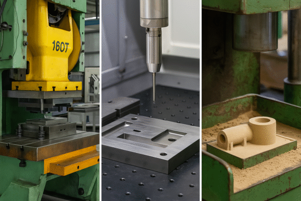 3:2 high-resolution triptych image of custom metal part production processes. The left frame shows a progressive stamping press, the center frame shows a CNC machining unit with a touch probe inspecting a workpiece, and the right frame shows a sand casting line with a mold and core in place. No people or text are visible.