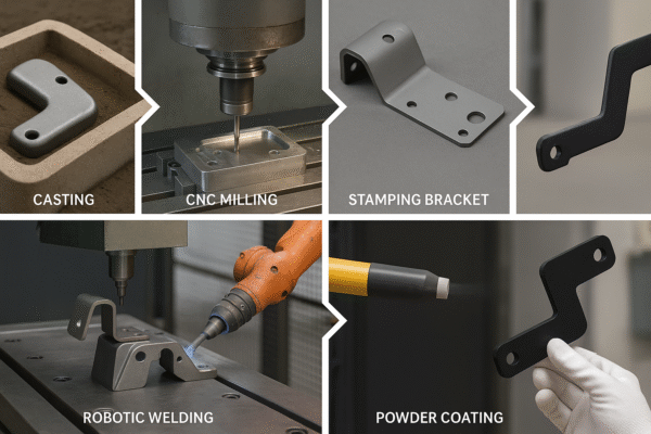 3:2 high-resolution hybrid manufacturing process flow diagram for custom metal parts. The sequence shows casting, CNC milling, stamping bracket, robotic welding, powder coating, and final quality control inspection. No people or text are present in the image.