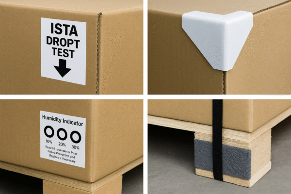 3:2 high-resolution export packaging setup for custom metal parts. The image shows a carton with ISTA drop test label, corner protector, humidity indicator card, and strapping belt with protective sleeve on a wooden pallet. No people or extra text are present.
