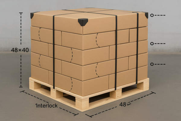 3:2 high-resolution image of a palletized stack of custom metal part cartons. The 48x40 pallet carries five interlocked layers of boxes, secured with vertical straps and protected by corner guards. No people or text are present.