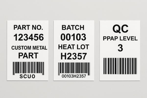 3:2 high-resolution image of a set of export identification labels for custom metal parts. The labels display SKU, batch number, heat lot, PPAP level, and scannable barcodes arranged in a clean layout. No people or extra text are shown.