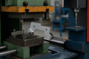 3:2 high-resolution image of a custom metal part being processed in a stamping machine. The L-shaped component with precision holes is clamped under the press tool, with surrounding CNC machinery visible. No people or text appear in the image.