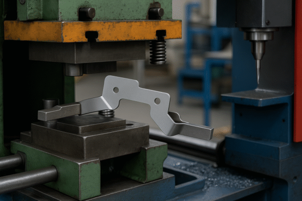 3:2 high-resolution image of a custom metal part being processed in a stamping machine. The L-shaped component with precision holes is clamped under the press tool, with surrounding CNC machinery visible. No people or text appear in the image.