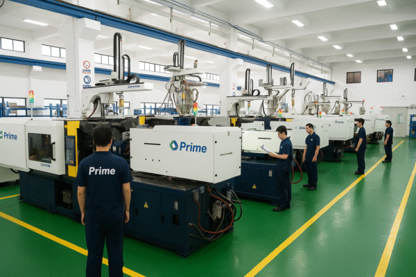 Prime plastic production workshop with staff operating injection molding machines. The workshop is clean, well-lit, and organized, with ISO-standard safety markings.