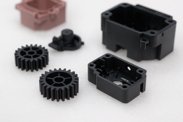 Close-up of high-precision molded plastic components including gears and enclosures on a white textured background.