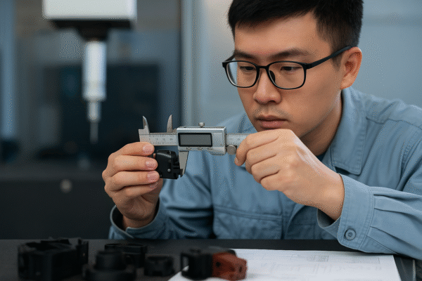 Asian engineer precisely measuring a plastic part with a digital caliper in a controlled lab setting.