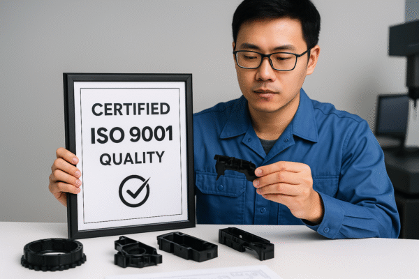 Asian quality inspector holding an ISO 9001 certificate and examining a precision plastic part at a testing station.