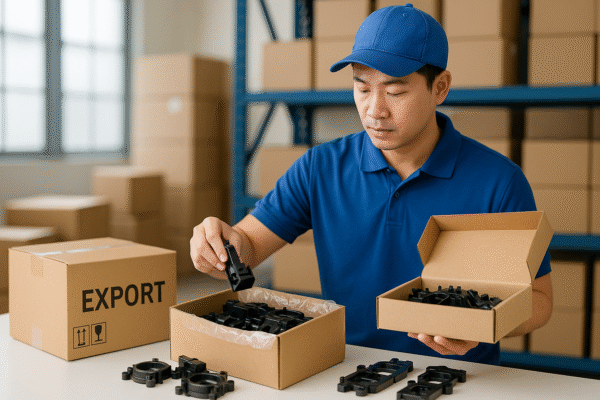 Asian warehouse worker packing precision plastic parts into labeled export boxes in a clean and organized storage area.