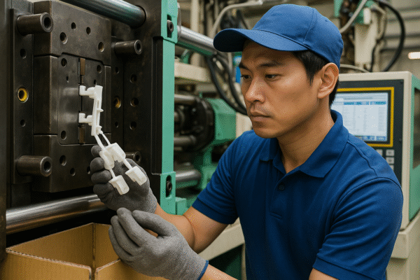 Asian technician inspecting freshly molded plastic parts from an injection machine during the production process.