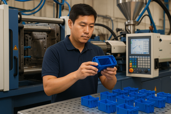 Asian male worker inspects blue plastic components in front of an injection molding machine during the plastic parts production process.
