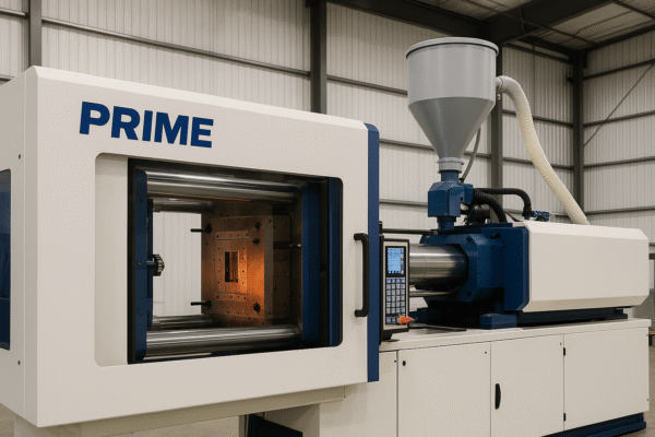 Injection molding machine operating inside Prime’s workshop