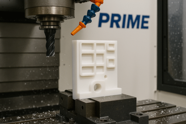 CNC machine processing a plastic component at Prime’s facility
