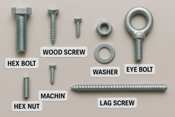 Clearly labeled metal fasteners including hex bolt, wood screw, machine screw, hex nut, washer, eye bolt, and lag screw displayed on a neutral surface.